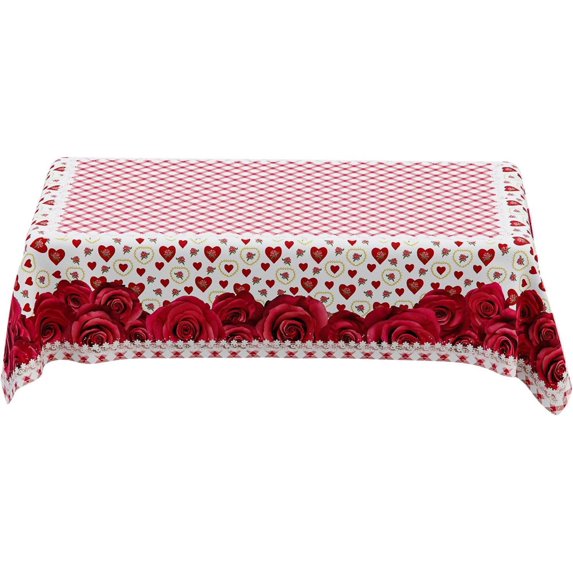 Romantic Valentines Day Pink Plaid Red Roses Love Hearts Tablecloth Cloth Rectangle Washable Table Covers for Indoor Outdoor Dining Table Home Party Decorations 60x104 Inch