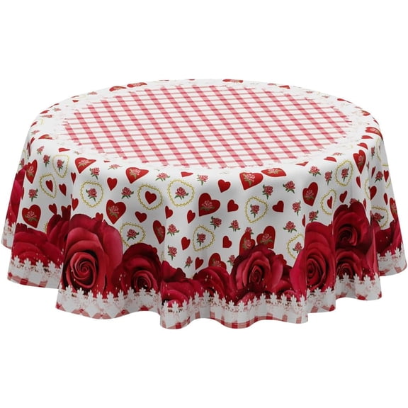 Romantic Valentines Day Pink Plaid Red Roses Love Hearts Tablecloth Cloth Round Washable Table Covers for Indoor Outdoor Dining Table Home Party Decorations 60x60 Inch
