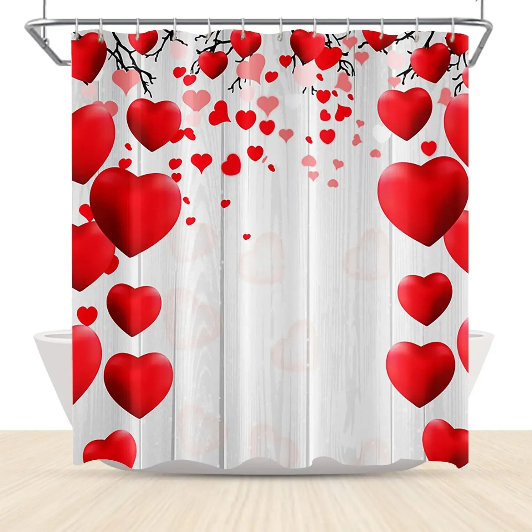 Romantic Valentines Shower Curtain Love Script Red Hearts Spots