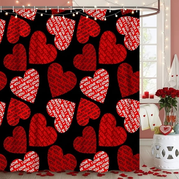 Romantic Valentines Shower Curtain for Lover, Pink Red Hearts with Quote Text I Love You on Black Fabric Shower Curtains Bathroom Decorations, 36X70 in