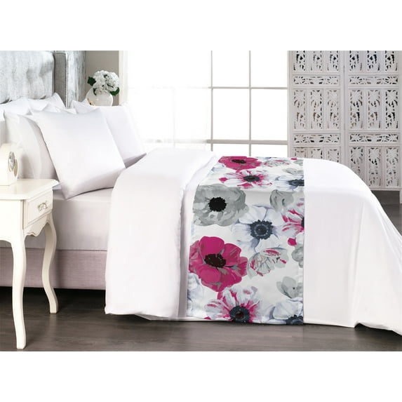 Romantic Vibes Bed Runner, Watercolor Style Drawn Springtime Floral Design Neutral Aura Art, Decorative Accent Bedding Scarf for Hotels Homes & Guest Rooms, Queen, Magenta Pale Ceil Blue, by Ambesonne