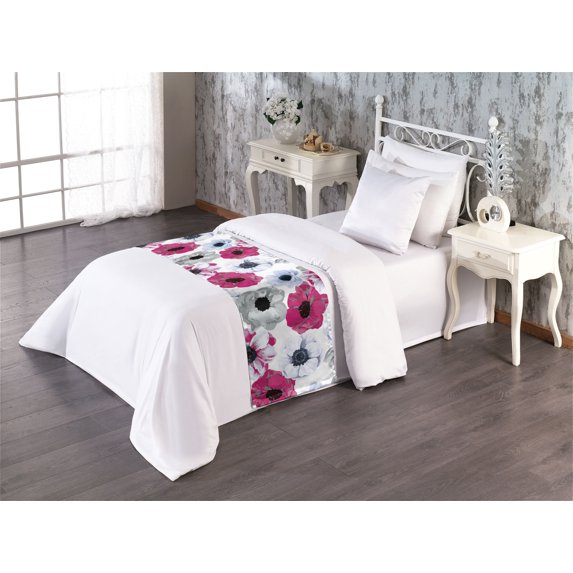 Romantic Vibes Bed Runner, Watercolor Style Drawn Springtime Floral Design Neutral Aura Art, Decorative Accent Bedding Scarf for Hotels Homes & Guest Rooms, Twin, Magenta Pale Ceil Blue, by Ambesonne