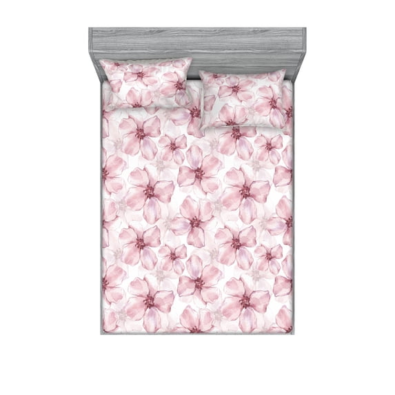 Romantic Vibes Fitted Sheet & Pillow Sham Set, Aquarelle Style Drawn Flowers Vintage Pattern with Dreamy Colors, Decorative Printed 3 Piece Bedding Decor, Full, Pale Pink Dried Rose, by Ambesonne