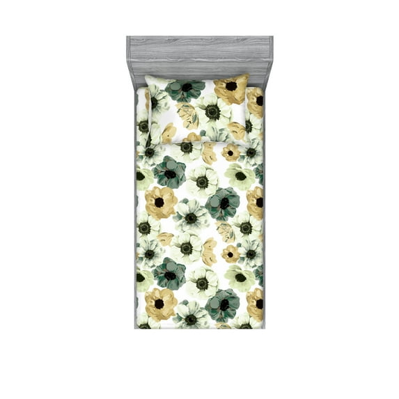 Romantic Vibes Fitted Sheet & Pillow Sham Set, Garden Scene Floral Design with Watercolor Style Flowers Art, Decorative Printed 2 Piece Bedding Decor, Twinxl, Almond Green Dark Mustard, by Ambesonne