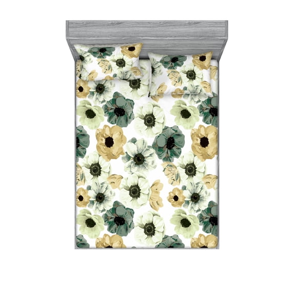 Romantic Vibes Fitted Sheet & Pillow Sham Set, Garden Scene Floral Design with Watercolor Style Flowers Art, Decorative Printed 3 Piece Bedding Decor, Full, Almond Green Dark Mustard, by Ambesonne
