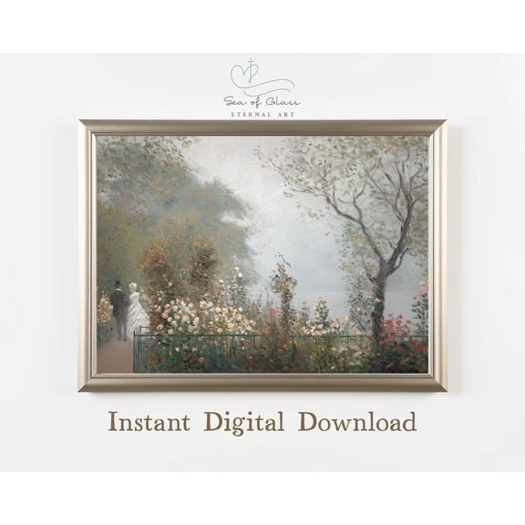 Romantic Victorian Couple Art Poster Rose Garden Impressionist Style , Vintage Botanical , Parisian Park Warm Present Vintage UNFRAMED Poster Size 8x12