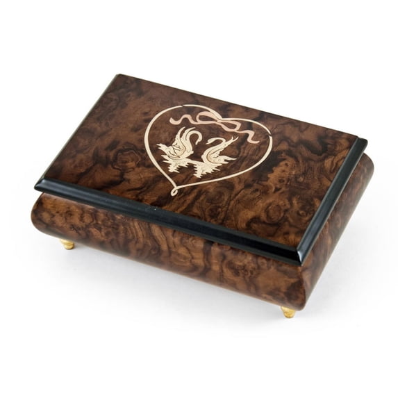 Romantic Walnut Tone Swans in Heart Outline Sorrento Music Box - Let it Be