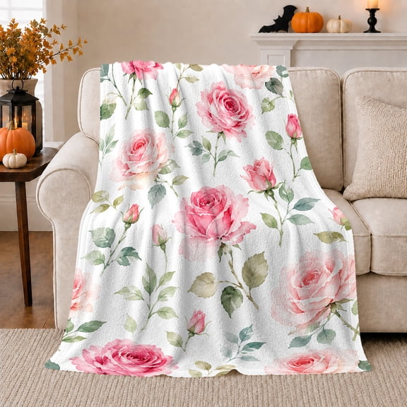 Romantic Watercolor Pink Roses Red Flowers White, Festive Botanical Garden Scene, Warm Flannel Blanket for Sunroom and Reading Nook, Garden Lovers Valentine's Day Gift, Botanical Home Decor