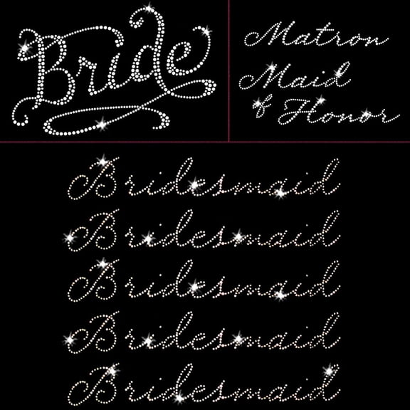 Romantic Wedding Bride Bridesmaid 7 Piece Pack Clear Iron-on Rhinestone Transfer by JCS Rhinestones