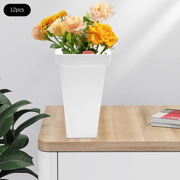 Romantic Wedding Decor, Set of 12 White Square Plastic Flower Buckets, 13.4 Inches, Lightweight, Stackable, Easy to Clean, Ideal for Bouquet Displays