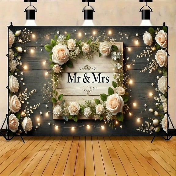 Romantic Wedding Polyester Backdrop, Mr & Mrs Floral Design Banner, Multipurpose Indoor & Outdoor Party Decoration, Room & Garden Celebration Sign