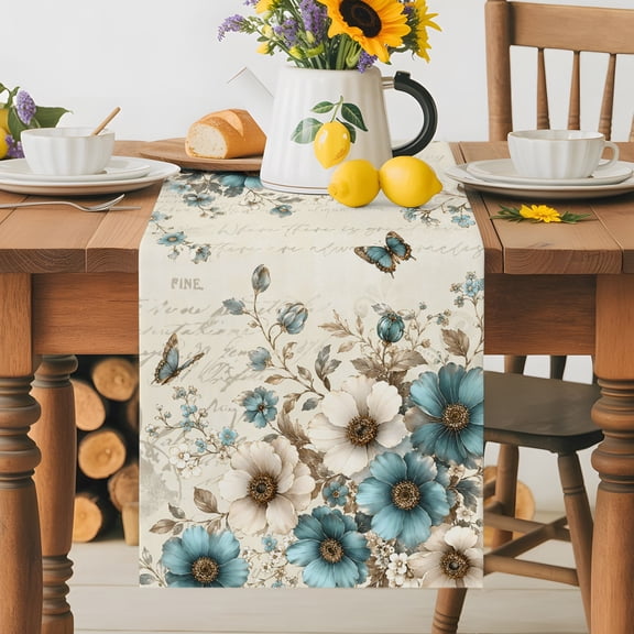 Romantic White Blue Flowers Table Runner 72 Inches Long, Floral on Retro Paper Table Runners Tabletop Scarf Kitchen Dining Tables Decoration for Home Party Indoor Outdoor