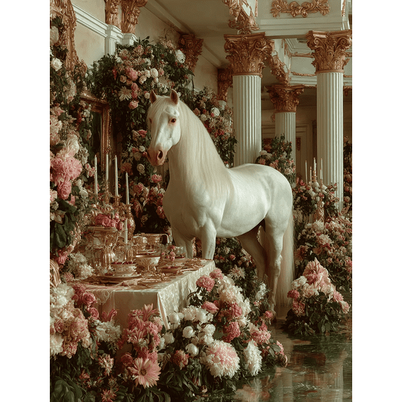 Romantic White Horse Canvas Art, Floral Pastel Fantasy Print, Gold Accent Boho Home Wall Decor