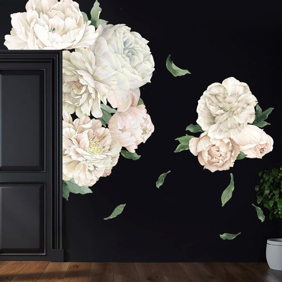 Romantic White Peony Wall Decals, Large Flower Vinyl Wall Art for Nursery & Wedding Decor, Botanical Stickers for Bedroom, Blush Floral Decal