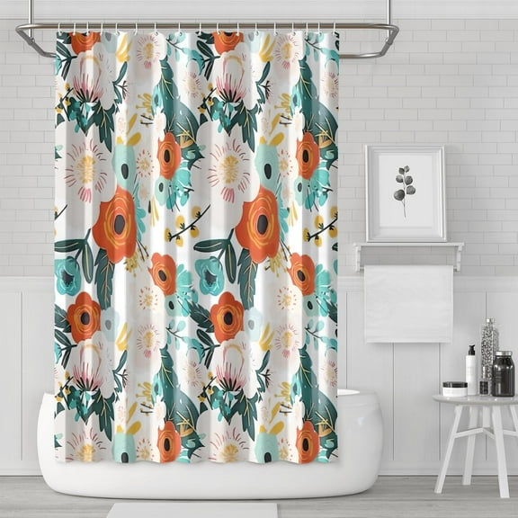 Romantic Wildflower and Bee Pattern Shower Curtain, 72x72, Rustic Country Botanical Decor with Hooks