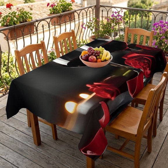 Romantic Wine Blooming Roses Table Cloth 60x84in, Waterproof Rectangle Tablecloth Wipeable Tablecloths Glasses Red Flowers Table Covers for Dining Tables Party Indoor Outdoor