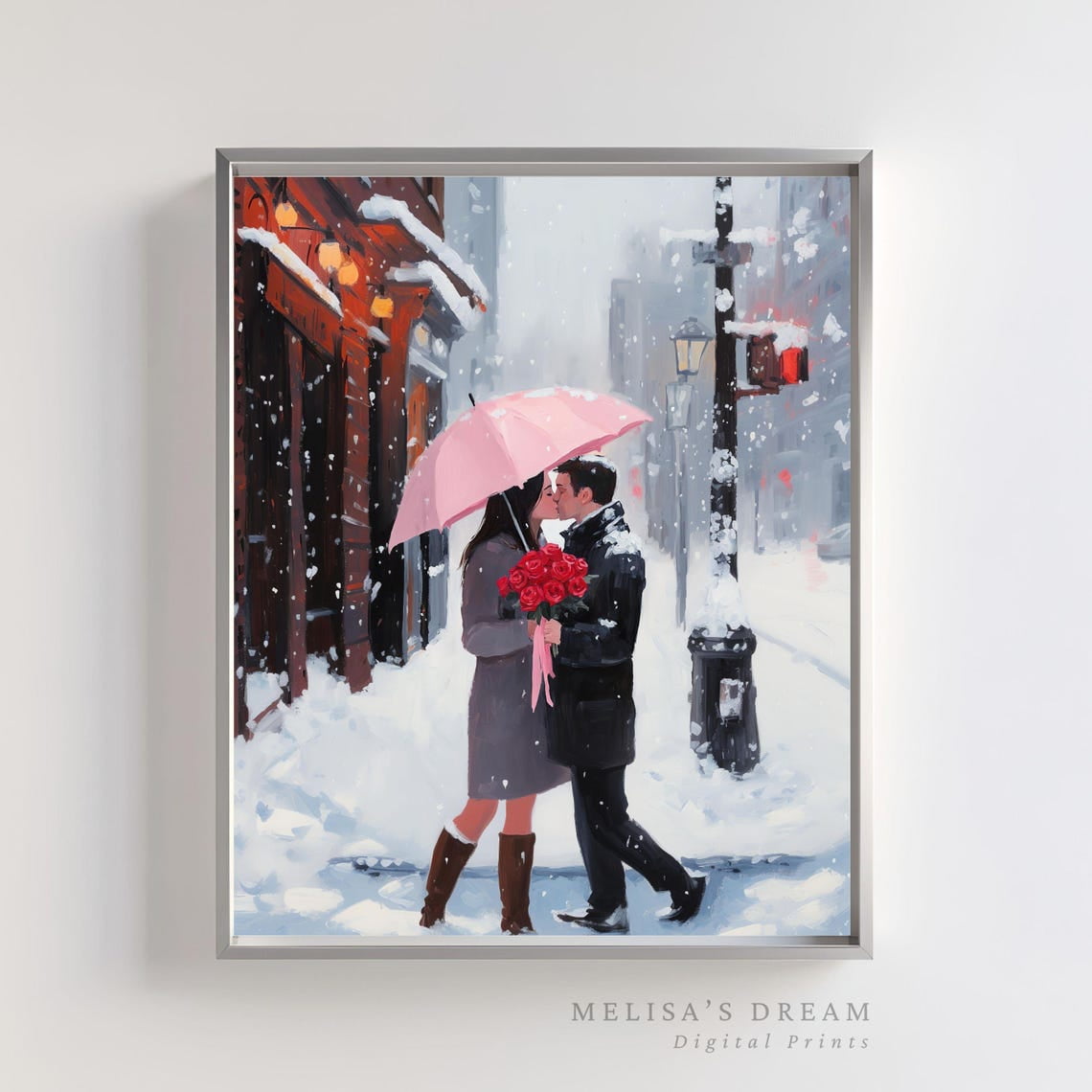 Romantic Winter Wall Art, Couple Kissing In Snow Print, Holiday Love ...