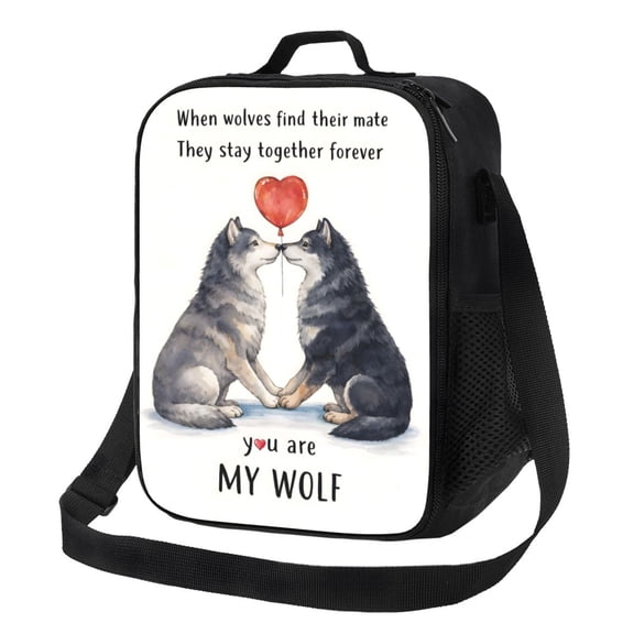 Romantic Wolf Couple Lunch Bag Insulated Thermal Box with Shoulder Strap & Handle for Work and Picnic