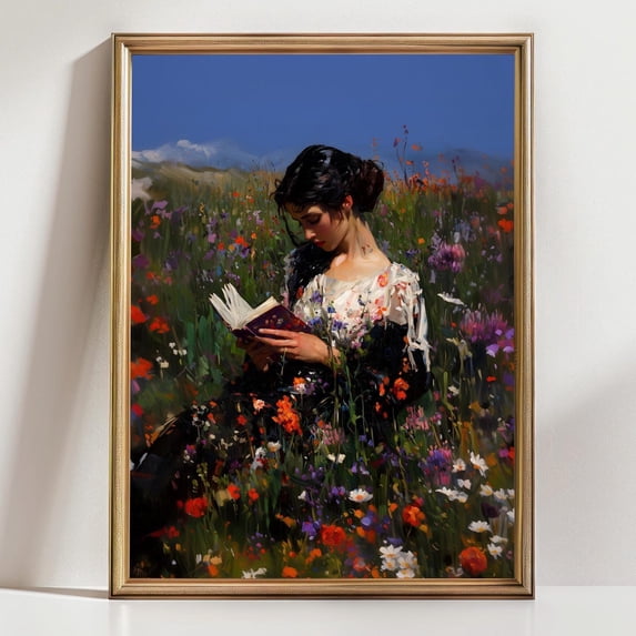 Spring Medoq Romantic Woman Reading Wall Art Print, Wildflower Meadow, Feminine ...