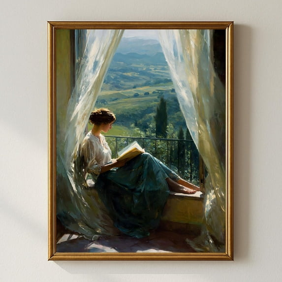 Romantic Woman Reading By Window Wall Art, Countryside View, Vintage Elegant Lady Lifestyle Artwork For Cozy Home Decor Home Decor #1018, Stretched Canvas Size 8x12