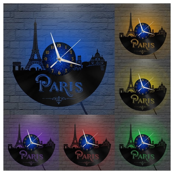 Romantic scenery in Paris Vinyl Record Wall Clock for Kitchen Wall Decor Wall Art Gift for Lover Gift Idea for a Best Friend(B,with LED)