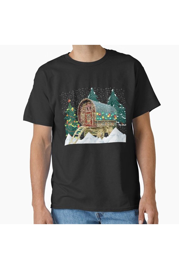 Romany Gypsy Caravan Christmas Card Festive Holiday Cozy Scene Unisex T-Shirt up to size 5XL