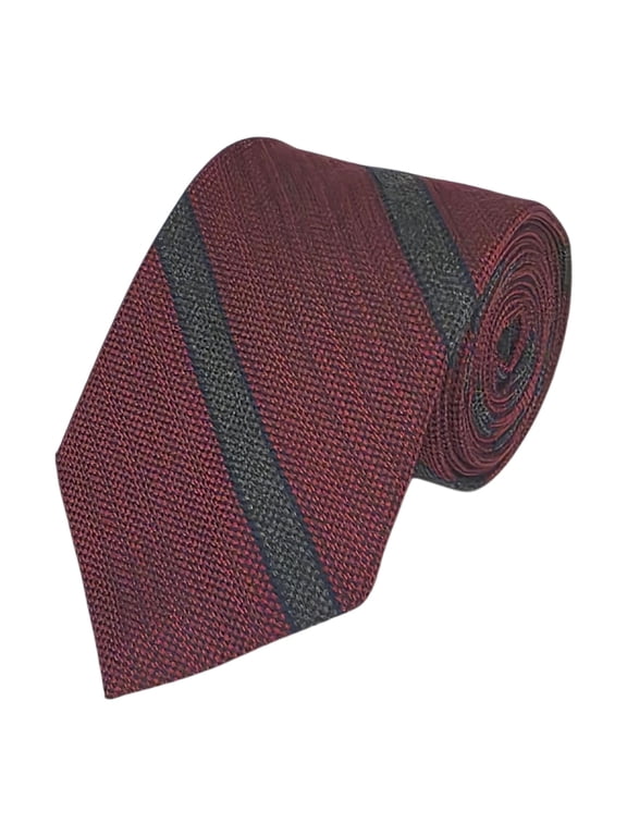 Burgundy and Charcoal Textured Wide Stripe Wool-like Cotton Rayon Blend Tie