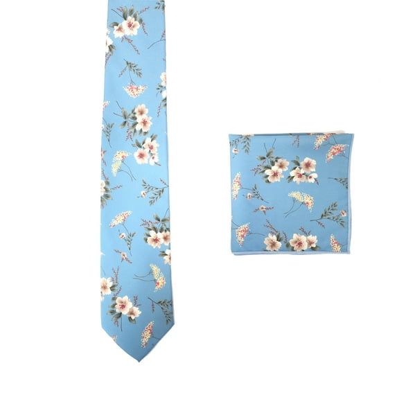 Romario Manzini Dusty Blue Cotton Floral Necktie with Handkerchief for Men