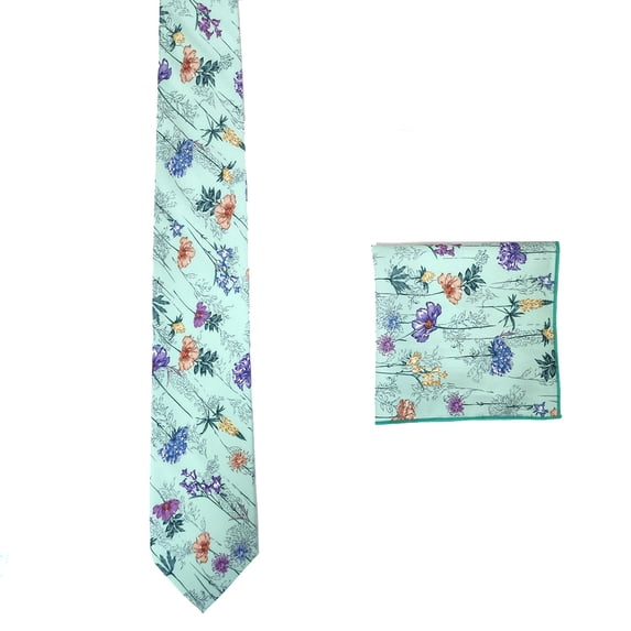 Romario Manzini Dusty Sage Cotton Floral Necktie with Handkerchief for Men