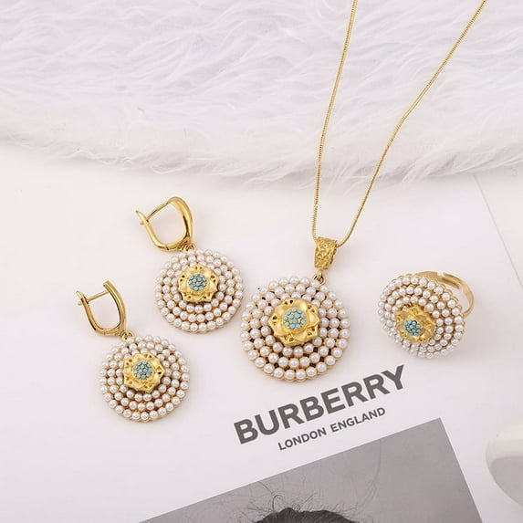 Romatic Women Fashion Gold Necklace Earring Set Pearl Sapphire Round Shape Arabic Style Party Wedding Bride Jewelry Set