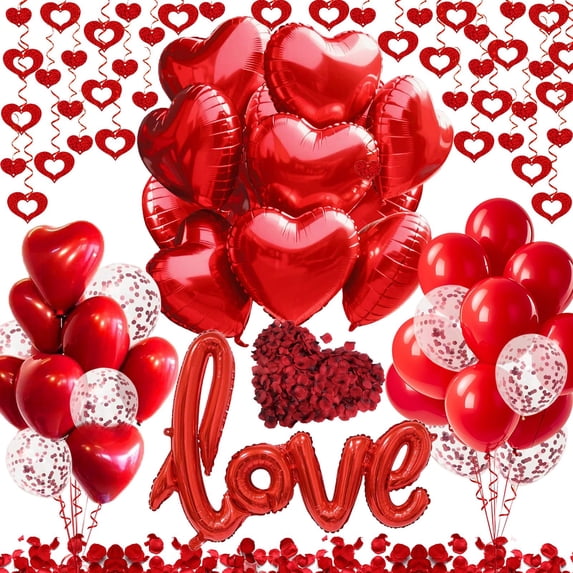 Romc Party Decoion Set, Red Love Balloons, Fake Rose Petals, Heart Hanging Decor, Perfect for Valentine’s Day, Wedding, Anniversary, Proposal, Romc Date Nights, red