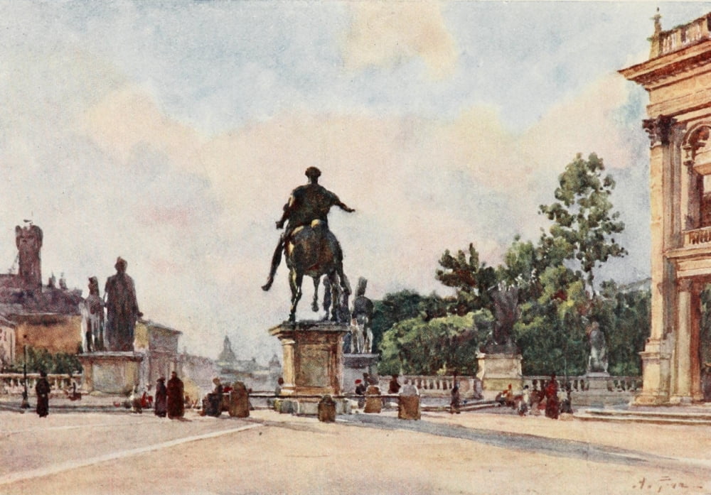 Rome 1905 Bronze statue of Marcus Aurelius Canvas Art - Alberto Pisa (24 x 36)