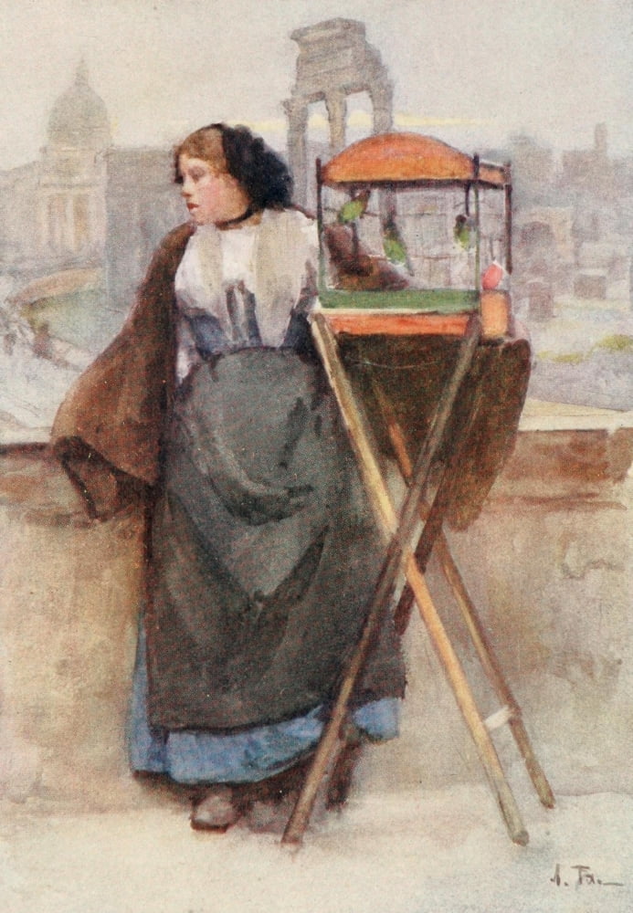 Rome 1905 Girl selling birds in Via del Campidoglio Canvas Art - Alberto Pisa (24 x 36)