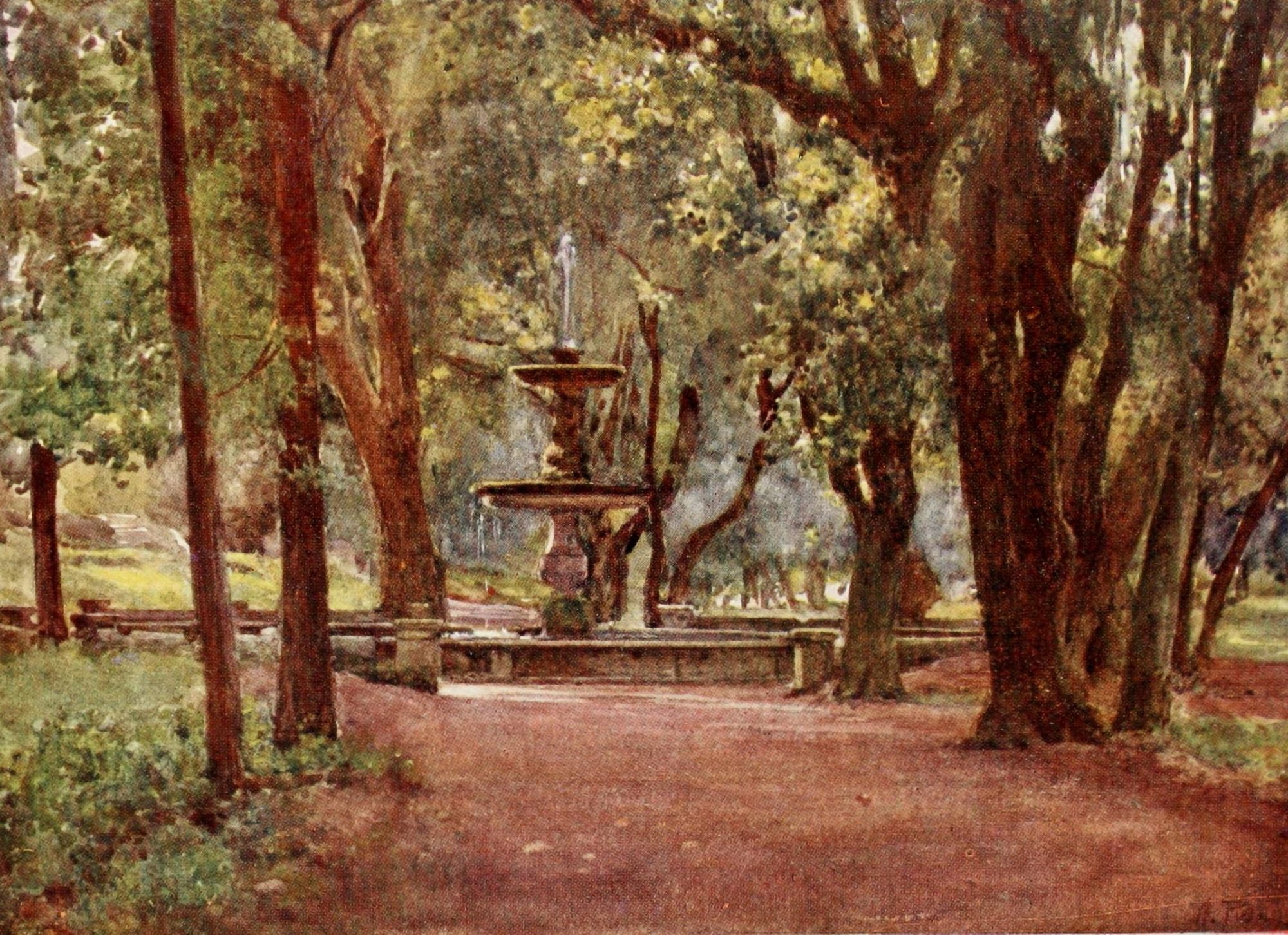 Rome 1905 Ilex Avenue & Fountain Villa Borghese Canvas Art - Alberto Pisa (18 x 24)