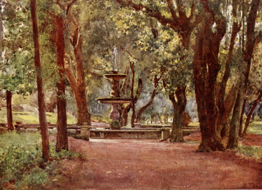 Rome 1905 Ilex Avenue & Fountain Villa Borghese Canvas Art - Alberto Pisa (24 x 36)