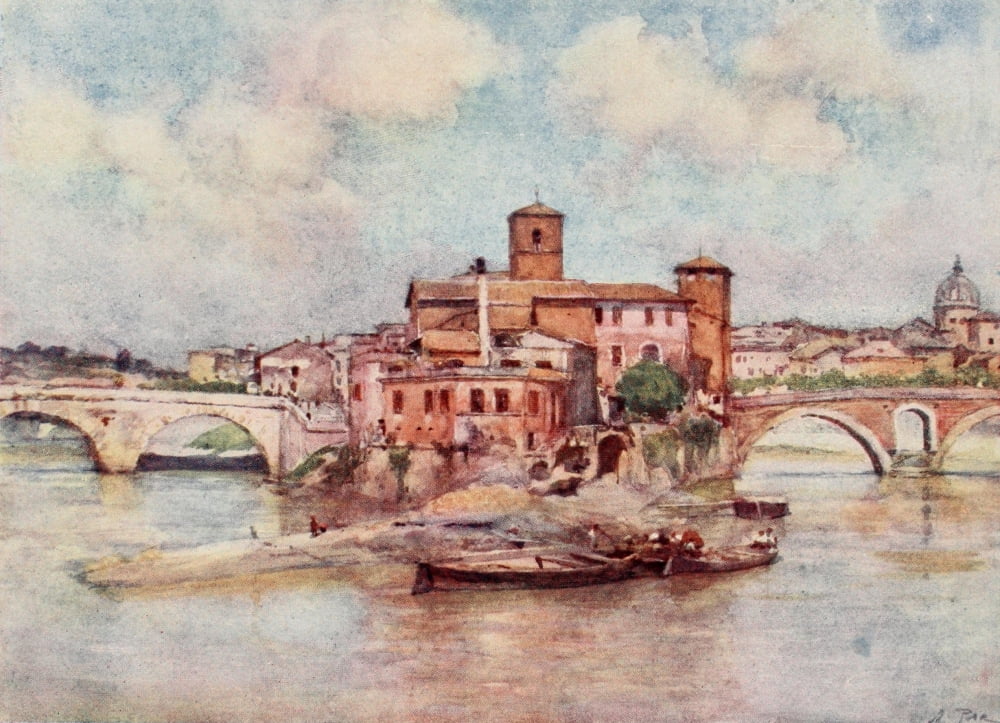 Rome 1905 Isola Sacra in the Tiber Canvas Art - Alberto Pisa (18 x 24)