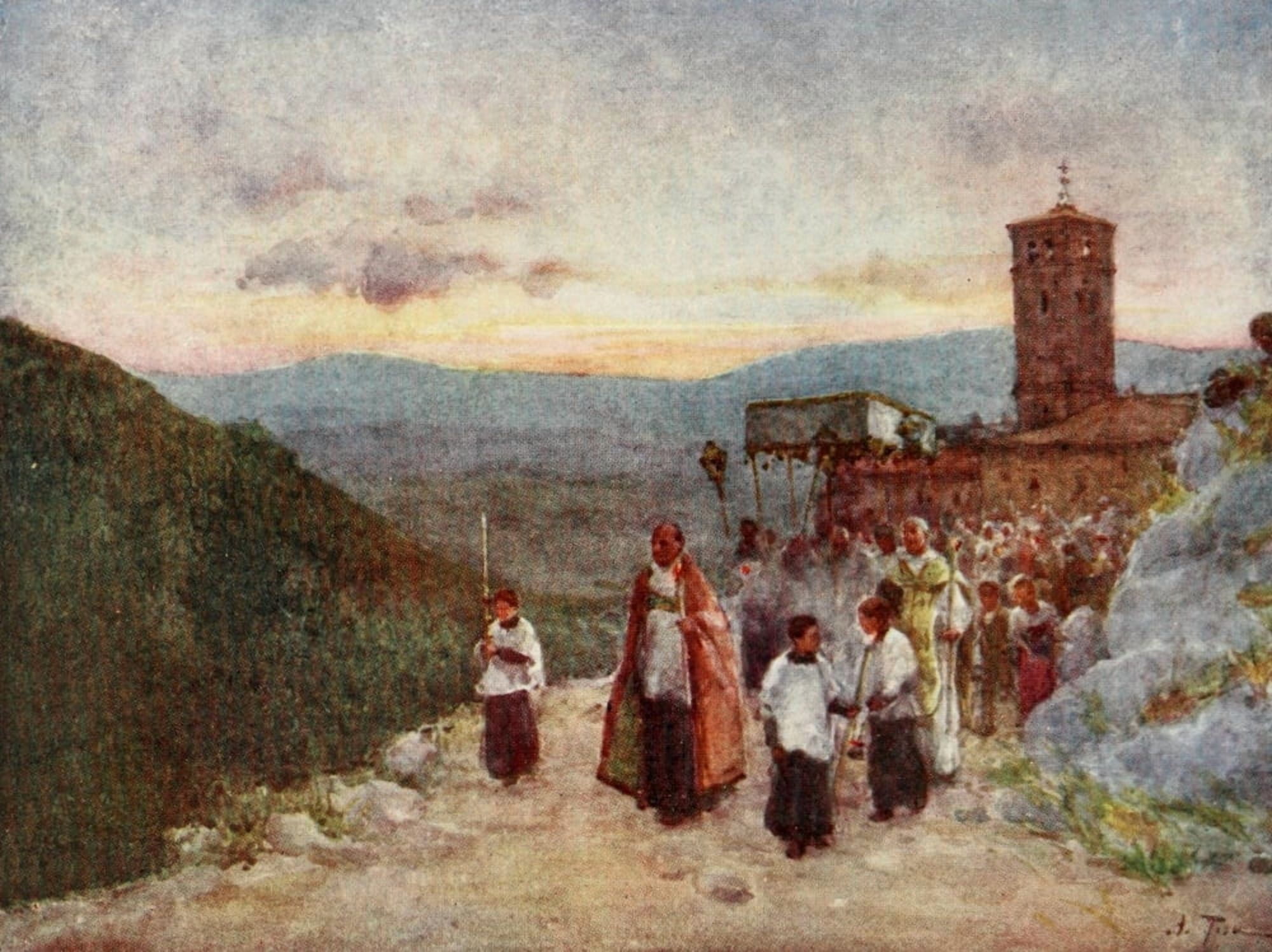 Rome 1905 Procession with the host at Subiaco Canvas Art - Alberto Pisa (18 x 24)