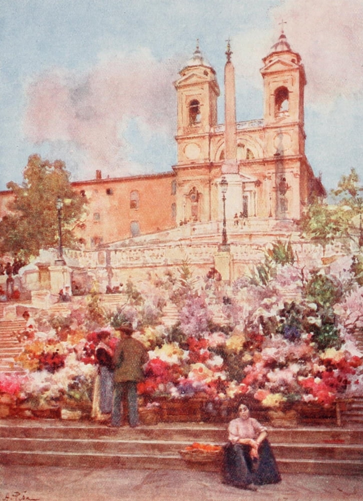 Rome 1905 Spanish steps Piazza di Spagna Canvas Art - Alberto Pisa (18 x 24)