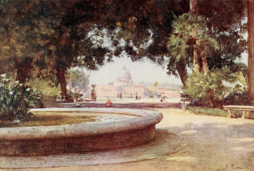Rome 1905 St Peters from the Pincian Gardens Canvas Art - Alberto Pisa (18 x 24)