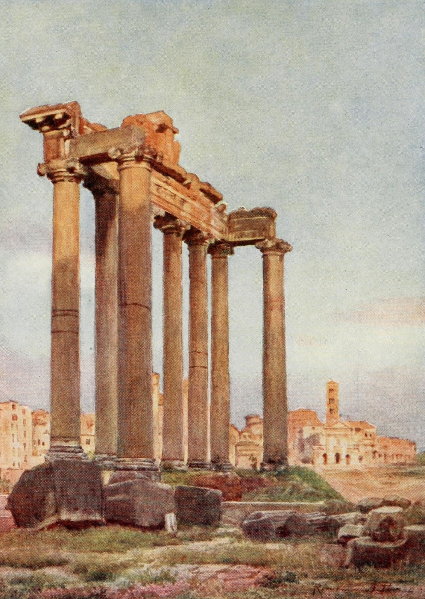 Rome 1905 The Temple of Saturn 2 Canvas Art - Alberto Pisa (18 x 24)