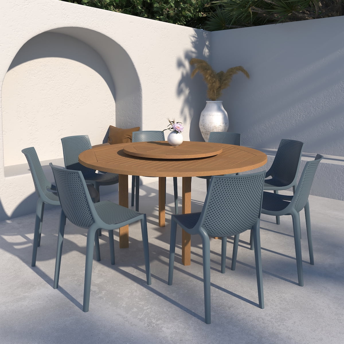 Amazonia Rome 9 Pieces Lazy Susan Teak Finish Round Patio Dining Set, Seating Capacity: 8