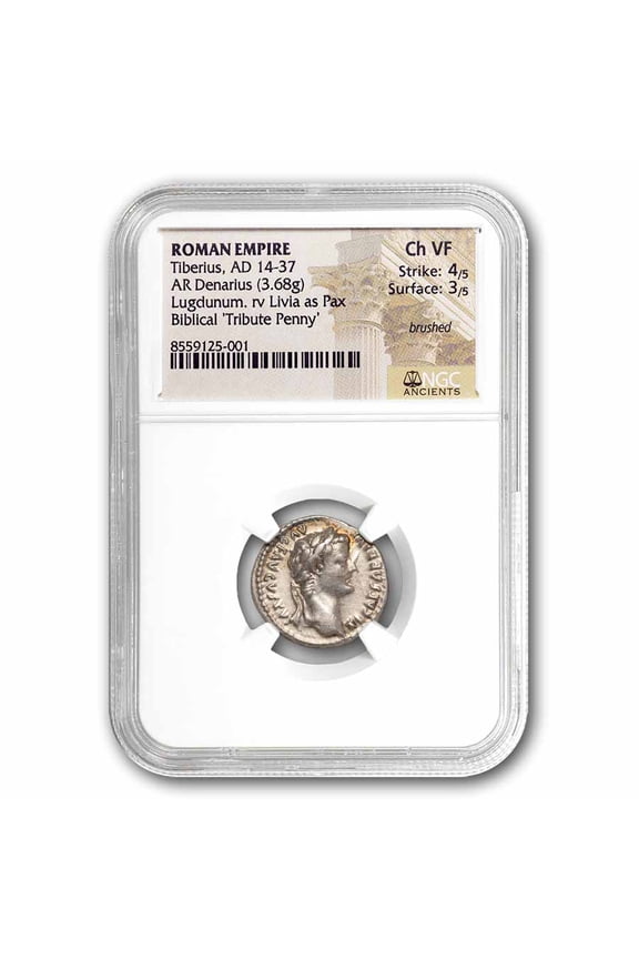Rome AR Denarius Tiberius 14-37 AD Ch VF NGC (4/3, Tribute Penny)