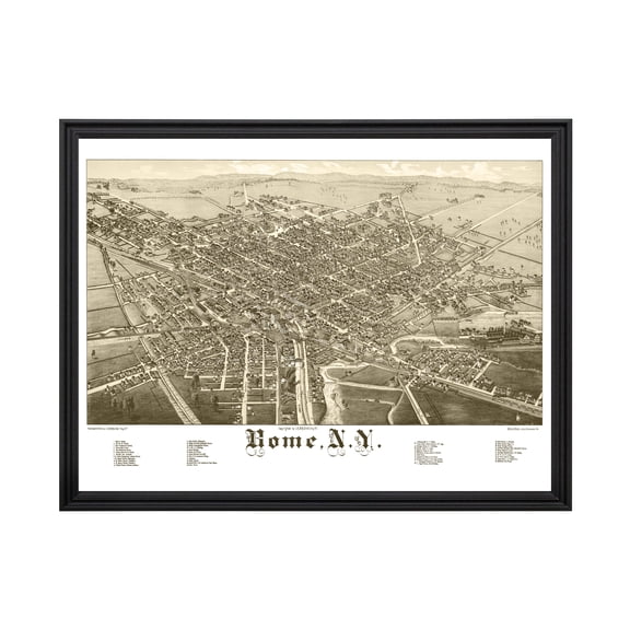 Rome Art, 1886 Vintage Map of Rome New York, NY History Wall Decor Gift, Old Rome Map - 24" x 18" Black Framed Print
