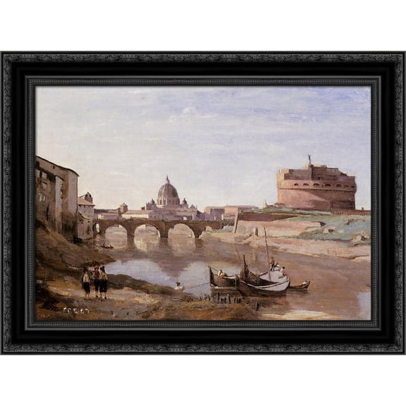 Rome ' Castle Sant'Angelo 24x19 Black Ornate Wood Framed Canvas Art by Corot, Jean Baptiste Camille