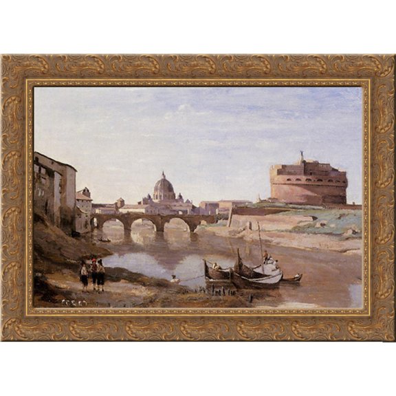 Rome ' Castle Sant'Angelo 24x19 Gold Ornate Wood Framed Canvas Art by Corot, Jean Baptiste Camille