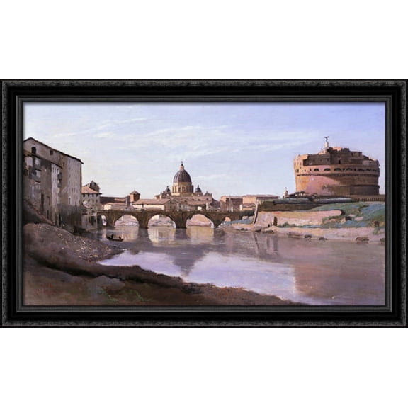 Rome, Castle Sant Angelo 40x24 Large Black Ornate Wood Framed Canvas Art by Camille Corot