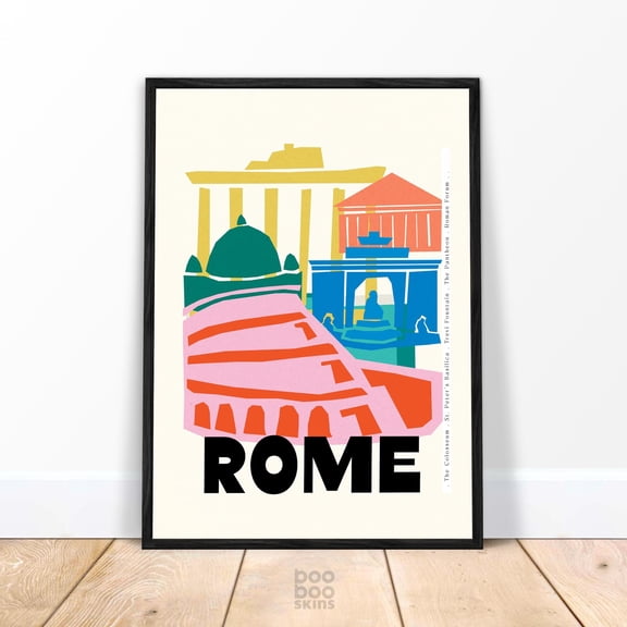 Rome City Print, Vintage Style Travel Poster, Landmarks Colosseum Roman Forum Pantheon St Peters Basilica Trevi Fountain, Christmas Gift, Poster Only