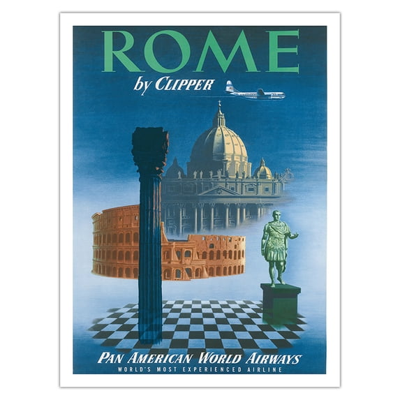 Rome by Clipper - St Peter’s Cathedral Colosseum Italy - Vintage Airline Travel Poster c.1951 - Fine Art Matte Paper Print (Unframed) 24x32in