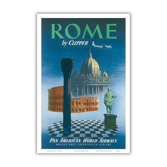 Rome by Clipper - St Peter’s Cathedral Colosseum Italy - Vintage Airline Travel Poster c.1951 - Master Art Print (Unframed) 12in x 18in