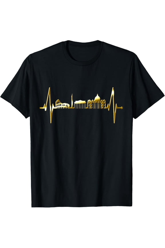Rome Colosseum Heartbeat Italy Roma Skyline Italia Rome T-ShirtMen and women, Black T-shirt, size: Extra large